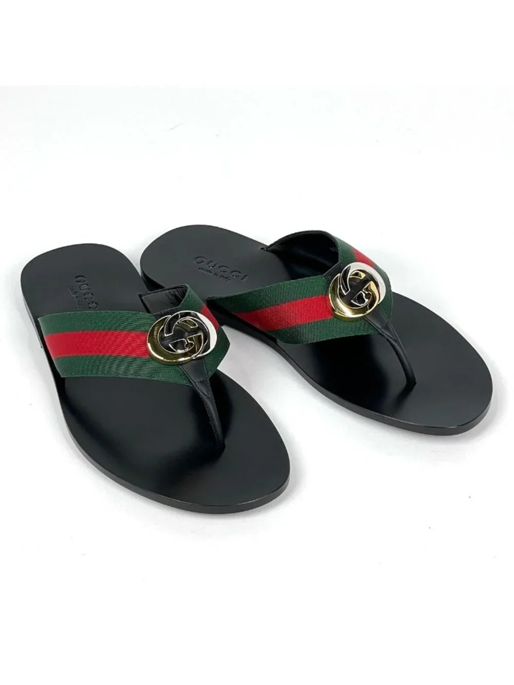 Gucci Interlocking Thong Sandals GG Web Sherry Line Shoes Leather Canvas Black
